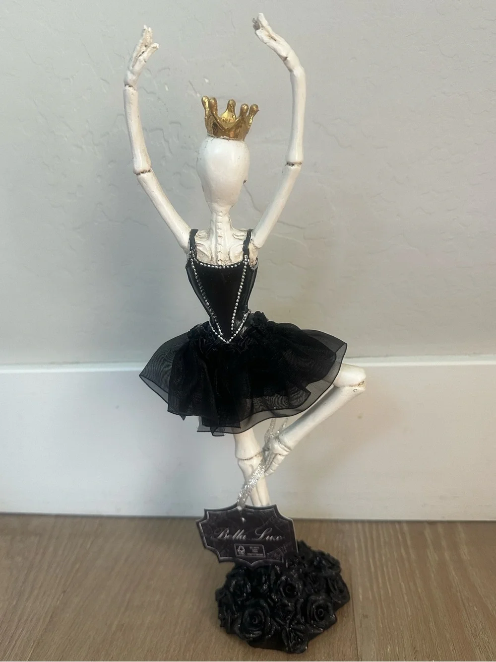 Bella Lux Skeleton Ballerina Figurine Black Tutu Gold Crown Halloween NWT